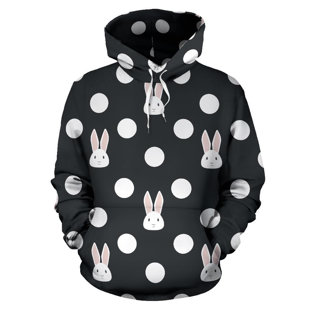 Cute White Rabbit Polka Dots Black Background Men Women Pullover Hoodie