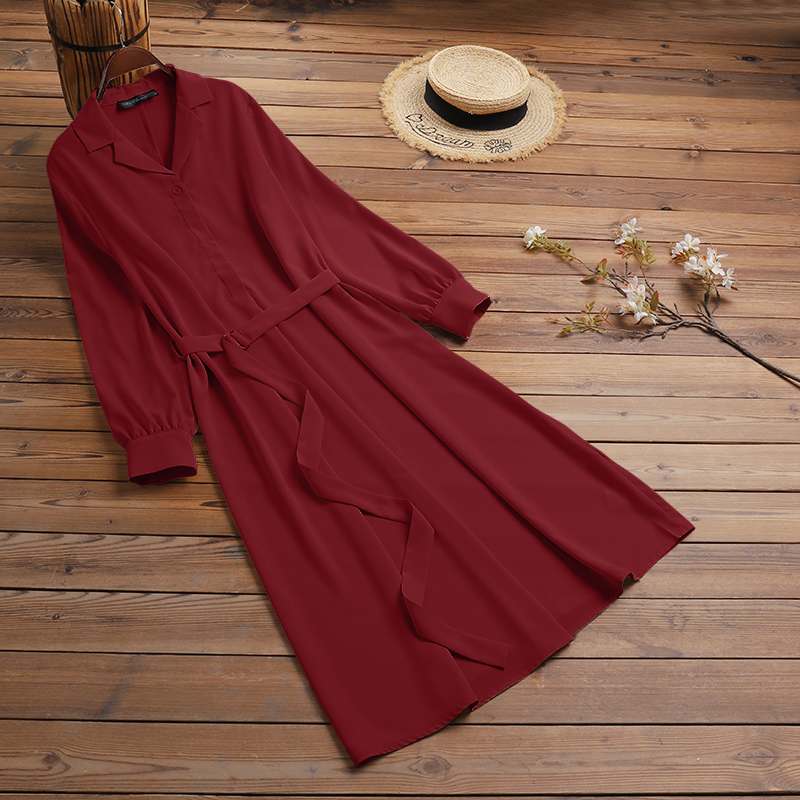 Women Casual Long Sleeve Turn Down Collar Sundress ZANZEA Elegant Lace Up Vestido Office Work Shirt Dress 2022 Spring Solid Robe alx