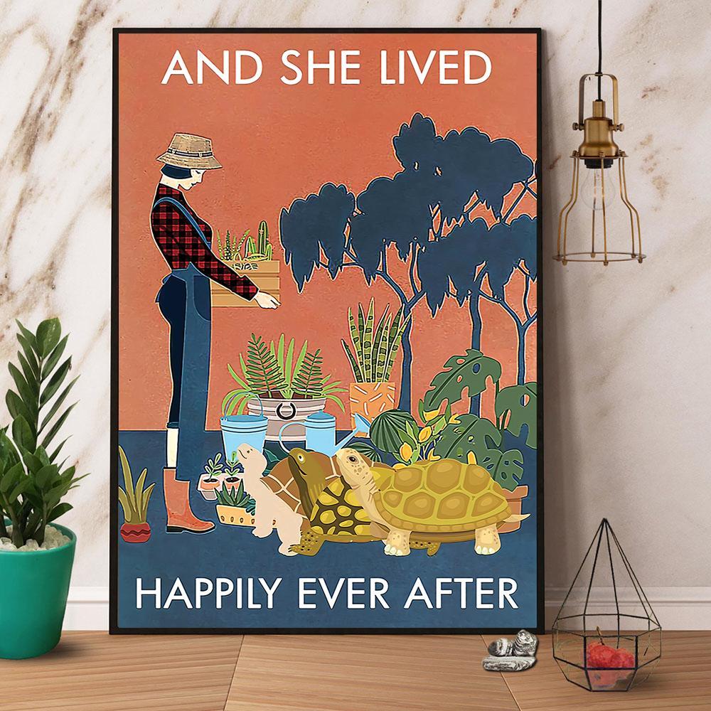 Vintage Turtles Gardening And She Lived Happily Poster No Frame