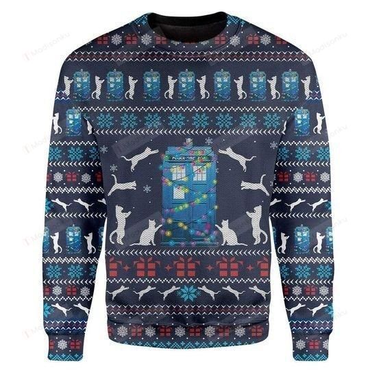 Cat Tardis Christmas Pattern Blue Ugly Christmas Sweater, All Over Print Sweatshirt