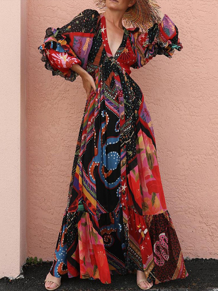 2022 Spring Summer Elegant V-Neck Bohemian Loose Maxi Dress Fashion Print Vacation Beach Dresses Women Vintage Long Sleeve Dress alx