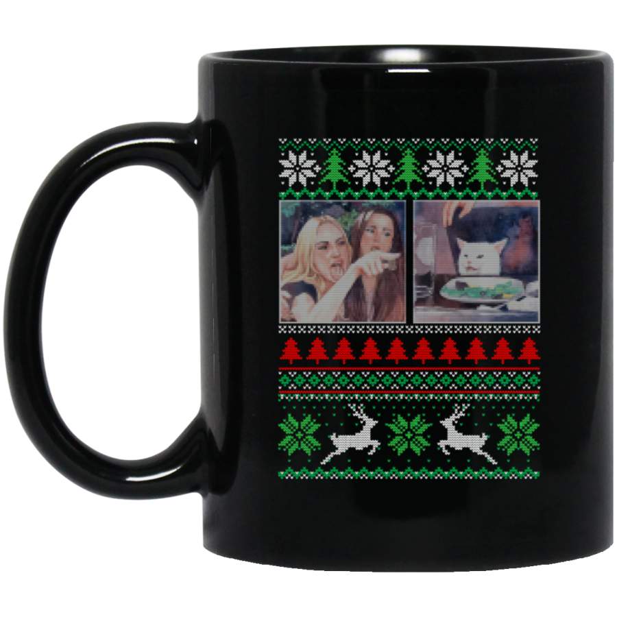 Woman Yelling at a Cat Meme Ugly Christmas Sweater 11 oz Black Mug