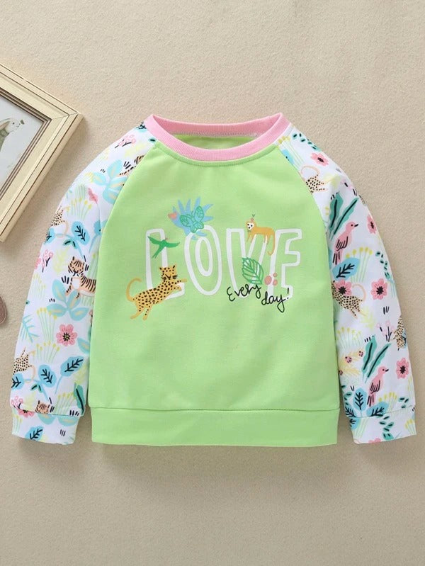 Toddler Girls Floral And Animal Print Raglan Sleeve Sweatshirt