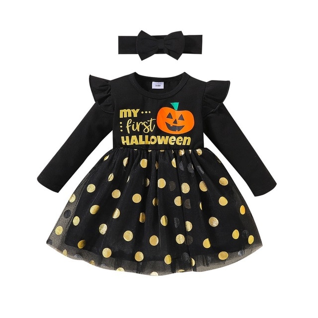 2022 Halloween Costume Baby Girls Princess Dress Long Sleeves With Hairban Printed Romper Infant Outfits Children Clothes Fashio alx