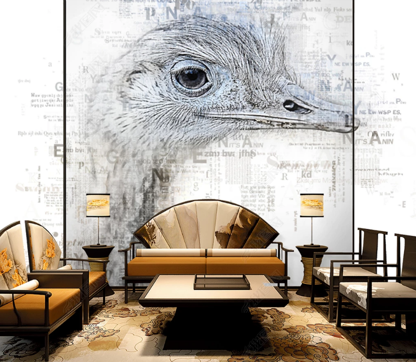 3D Watercolor Animal Ostrich Wall Mural Wallpaper Lqh 131