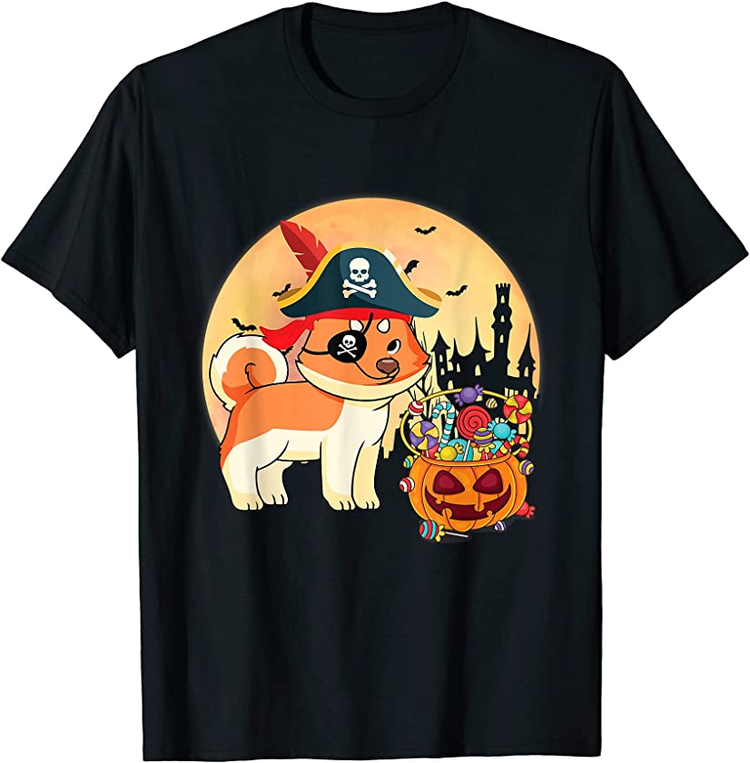 Shiba Inu Dog Pirate With Pumpkin Candy Happy Halloween Day T-Shirt