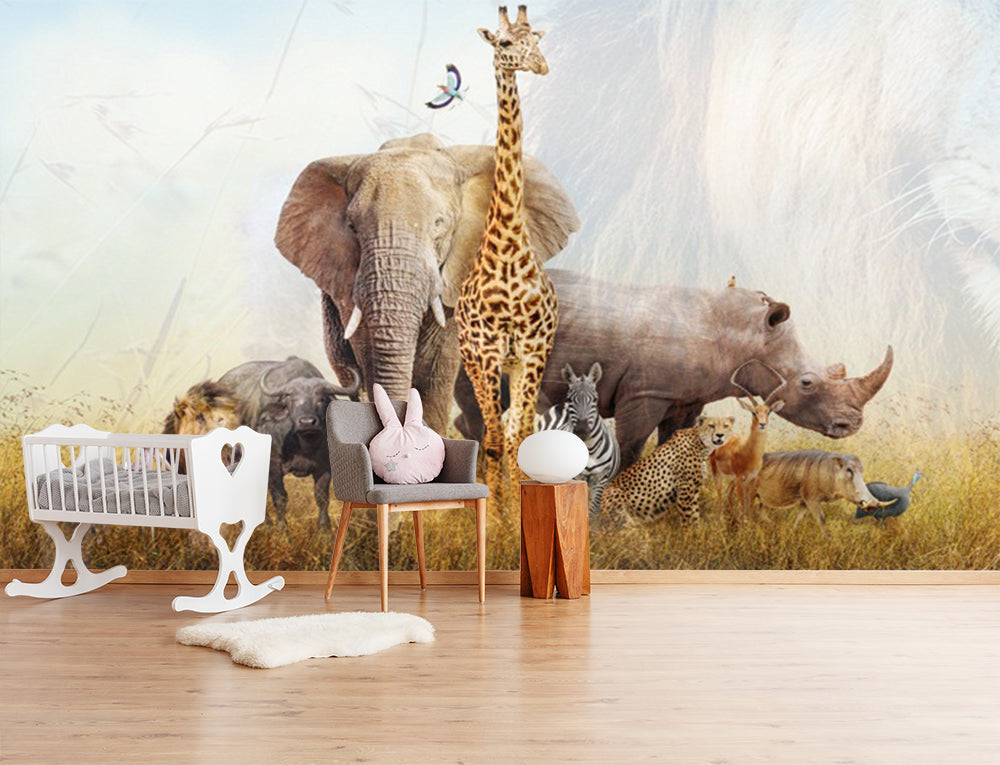 3D Elephant Giraffe Hippo Wall Mural Wallpaper 229