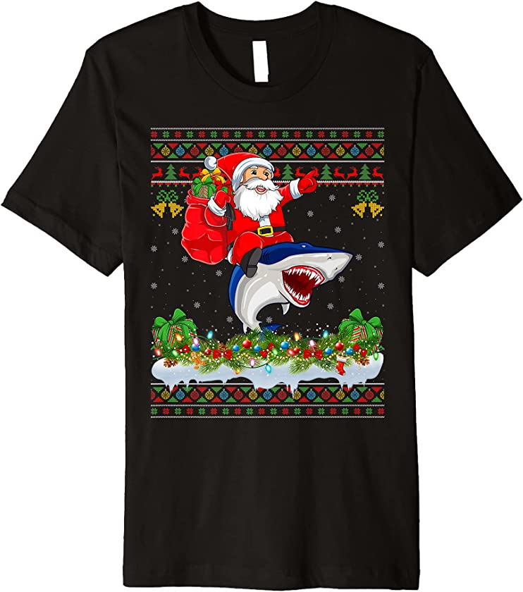 Blue Shark Fish Xmas Ugly Santa Riding Blue Shark Christmas Premium T-Shirt