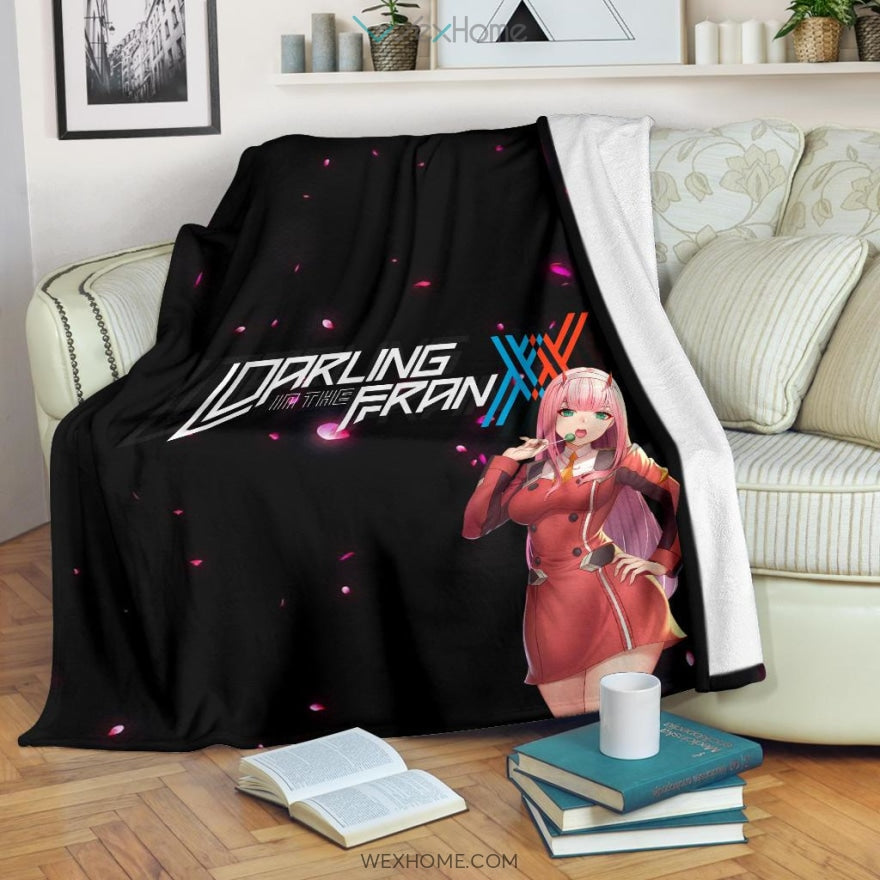 Darling In The Franxx Anime Fleece Blankets | Sexy Zero Two Eating Candy Cherry Blossom Fleece Blanket Na082603