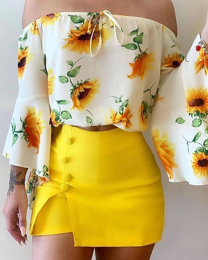 2022 Summer New Women’s Two-piece Suit, Sunflower Print One-shoulder Flared Sleeve Top Suit Culottes alx