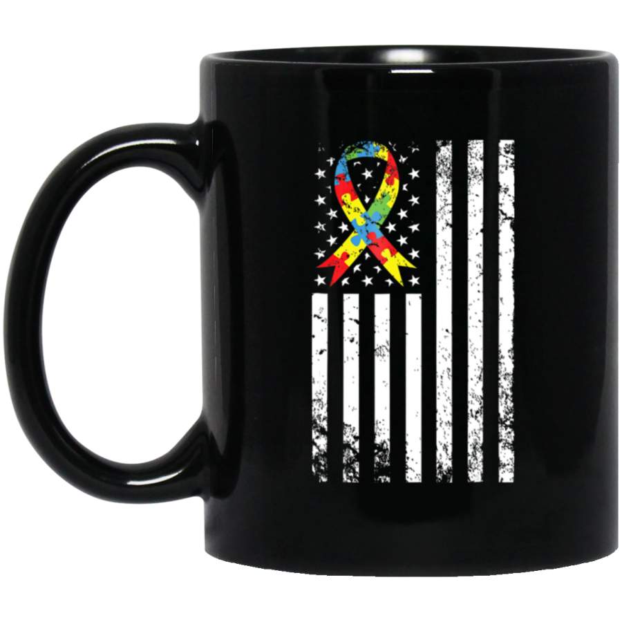 Vintage Autism Awareness US Flag Distressed Gift 11oz 15oz Black Mug Idea 2nd April Puzzle Ribbon Support Autism Dad Mom Kids Autistic