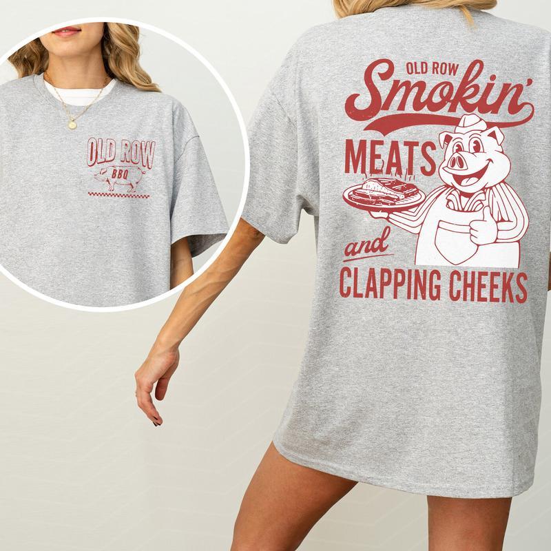 Comfort Colors Old Row The Smokin Meats Graphic 2-Sided Shirt, Retro Pig Cooking Graphic Tshirt Top Womenswear