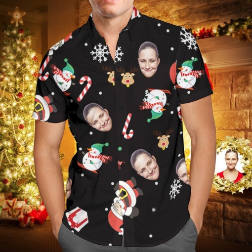 Custom Face Personalized Photo Personalized Christmas Hawaiian Shirt Snowman Skiing Candy Cane Holiday Gifts 8176