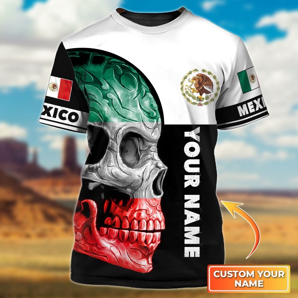 Customized Skull In Mexico Flag Pattern Shirts, Skull Mexico Tshirts For Men And Women, Golden Eagle Skull Mexico Tshirt