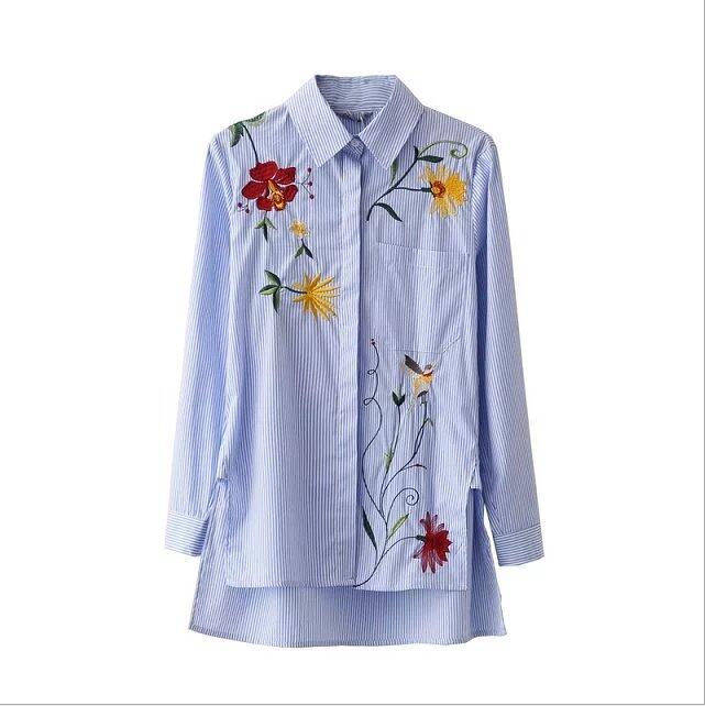 Autumn Floral Embroidered Cotton Women Blue Stripe Shirts Turn-down Collar Summer Tops Chemise Femme Manche Longue alx