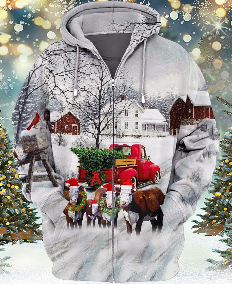 Christmas Cow Farm 3D Zipper Hoodie