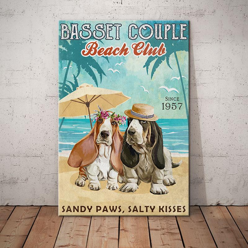 Basset Hound Dog Canvas And Poster Basset Couple Beach Club | Art Print | Home Decor | Room Decor | Wall Art