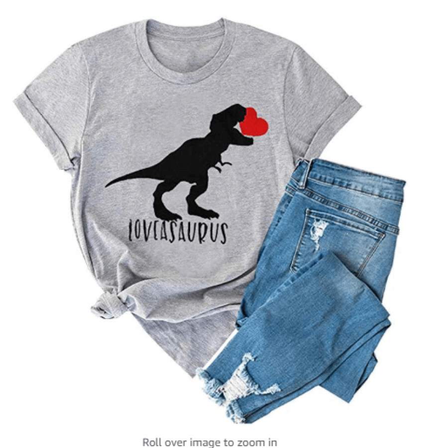 Valentine Dinosaur Heart Graphic Loveasaurus Letter Print T-Shirt Women Gray Tops