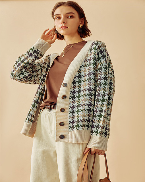 Sweater autumn plaid knitted jacket Korean cardigan new women’s long section loose lazy alx