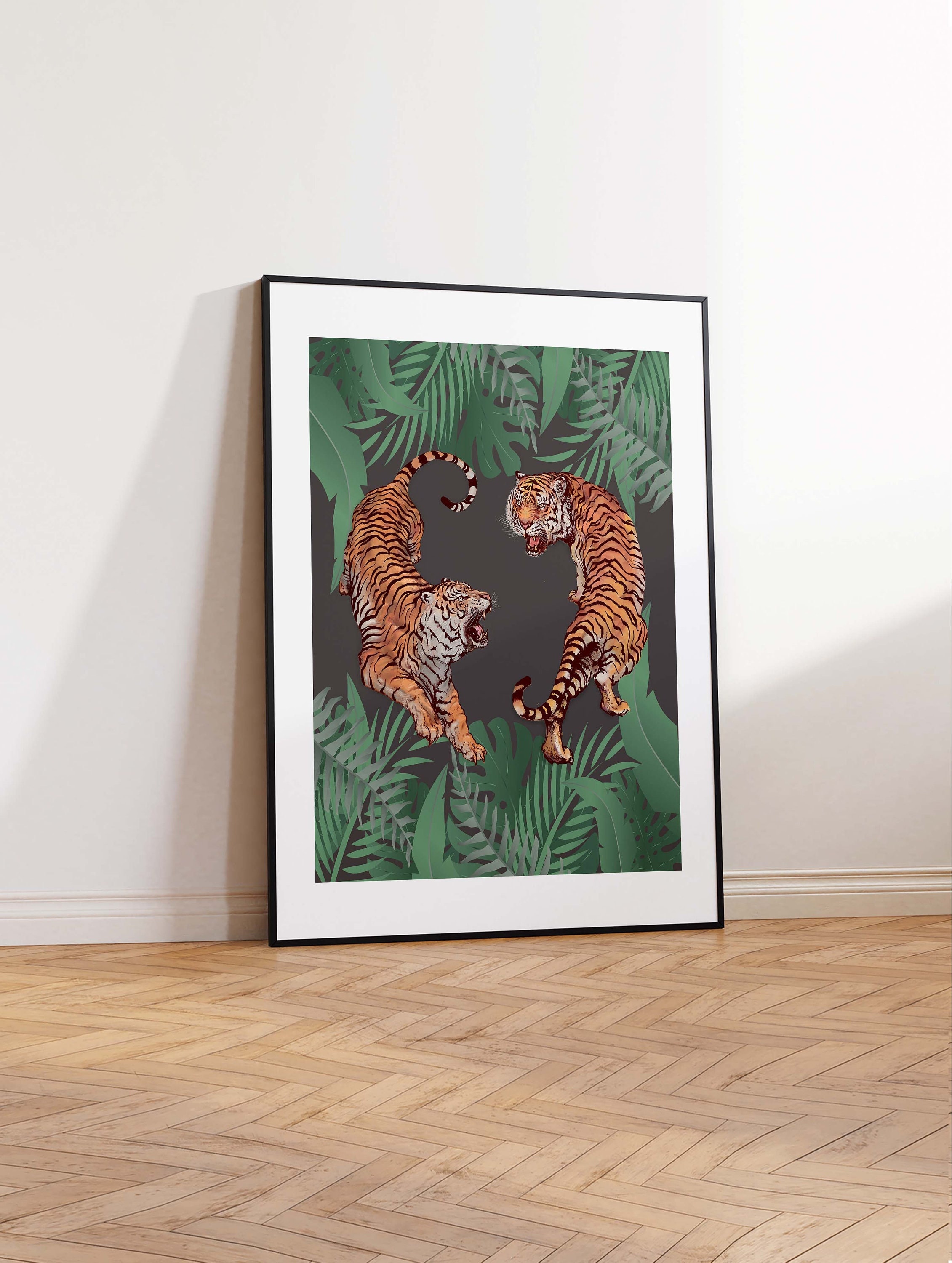 Tropical Garden Tigers Print, Exotic Animal Poster, Tropical Print, Tigers Print, Tropical Plants, Wall Art Poster Print – Sizes A2/A3/A4