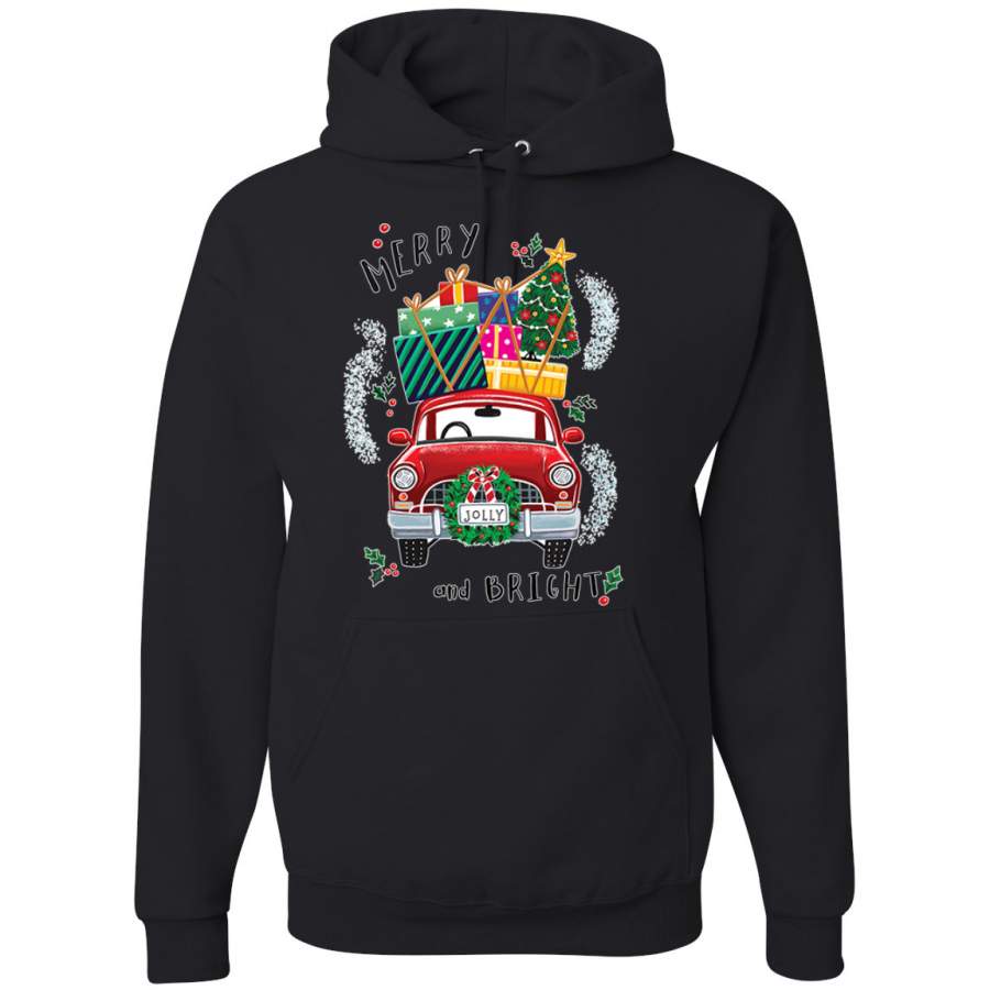 Merry and Bright Red Car Christmas Unisex Graphic Hoodie Sweatshirt