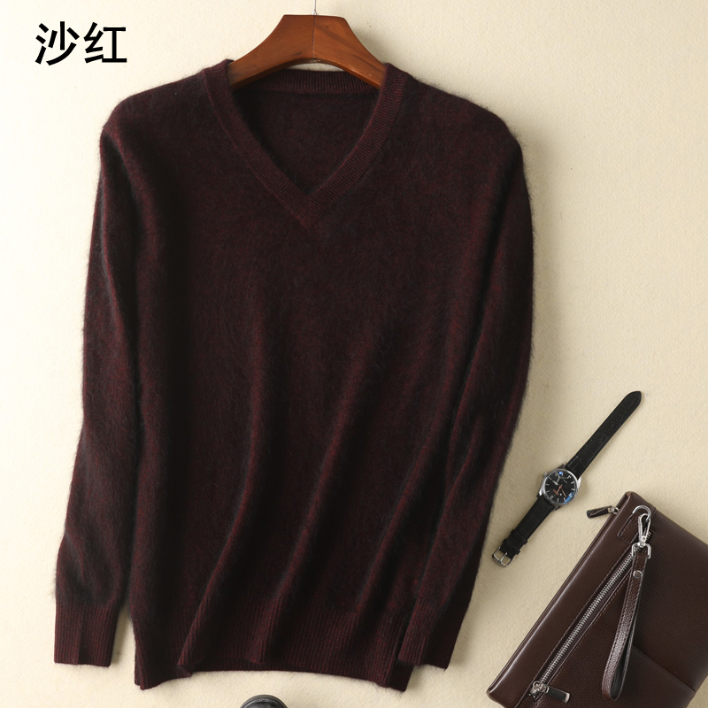 Classic Men’s 100% Mink Cashmere Sweaters 2020 Solid Color V-Neck Casual Knitted Pullovers Winter Men Long Sleeve Warm Jumper alx