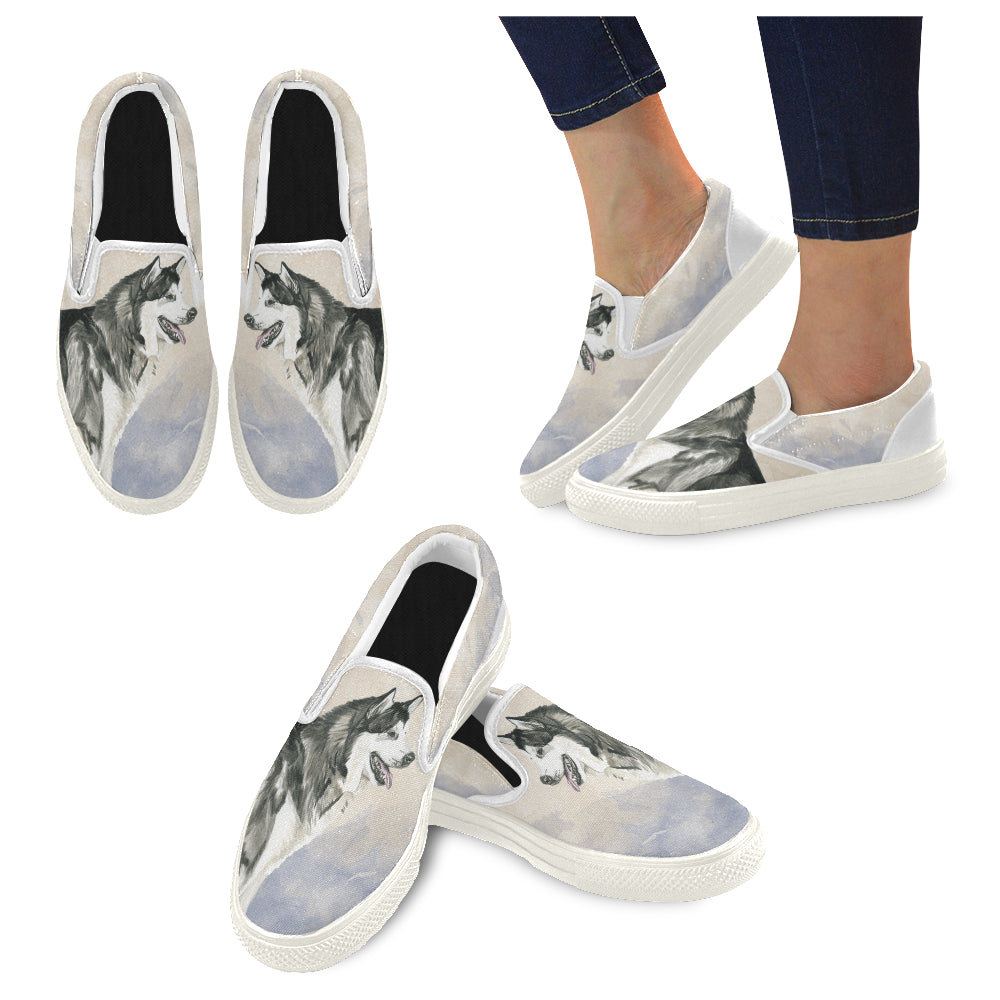 Alaskan Malamute Water Colour White Women’s Slip-on Canvas Shoes