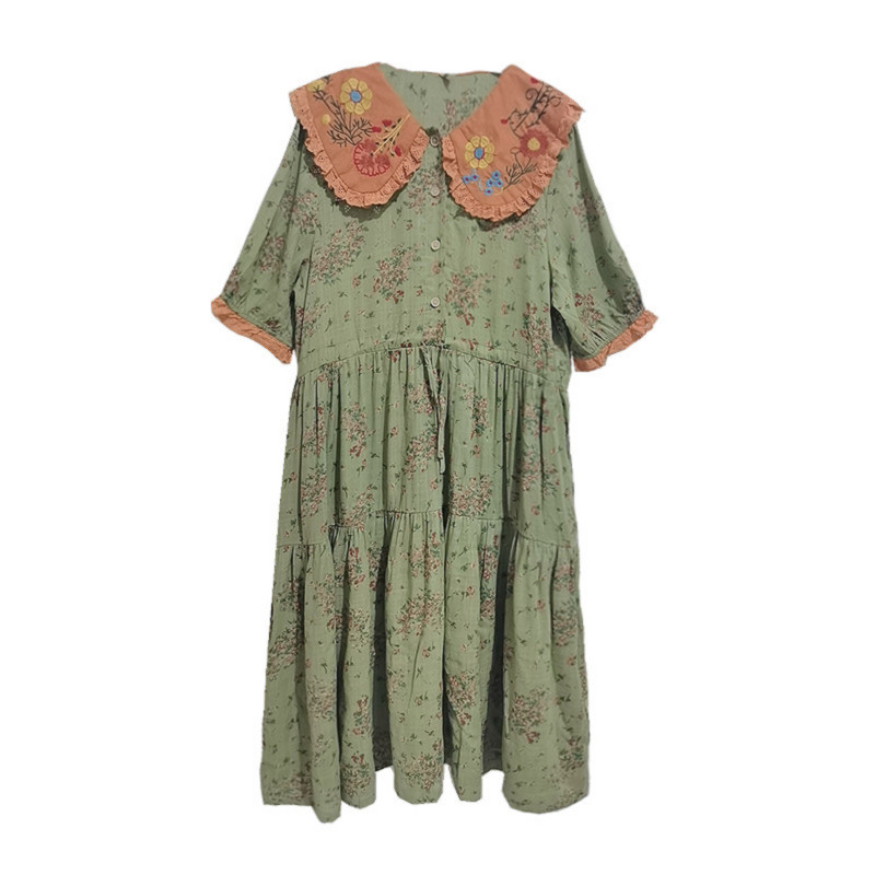 Vintage Floral Embroidery Lolita DressWomen Summer Kawaii Peter Pan Collar Loose Dress Elegant Luxury High Waist Party Vestidos alx