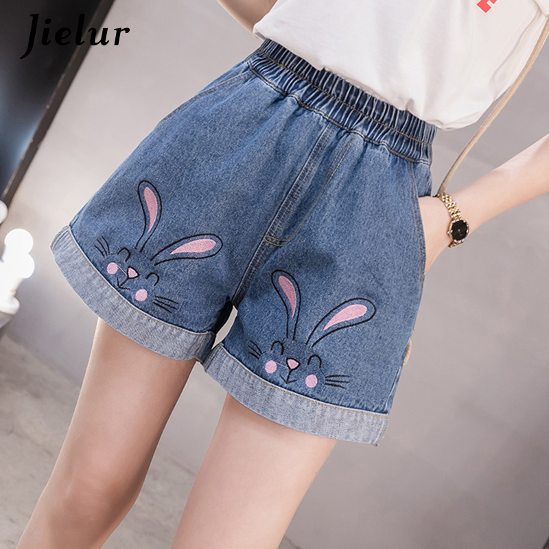 Jielur High Waist A-line Rabbit Pattern Hot Shorts for Women Loose Cute Embroidery Denim Shorts Women Korean Style Jeans Blue alx