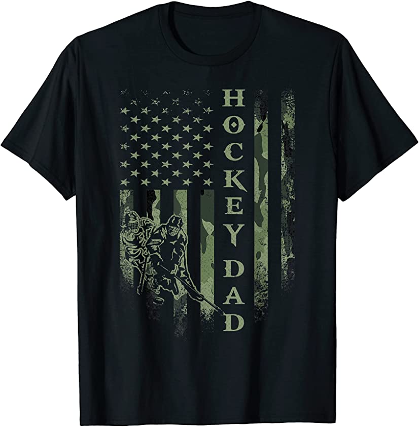 Vintage USA American Camo Flag Proud Hockey Dad Silhouette T-Shirt