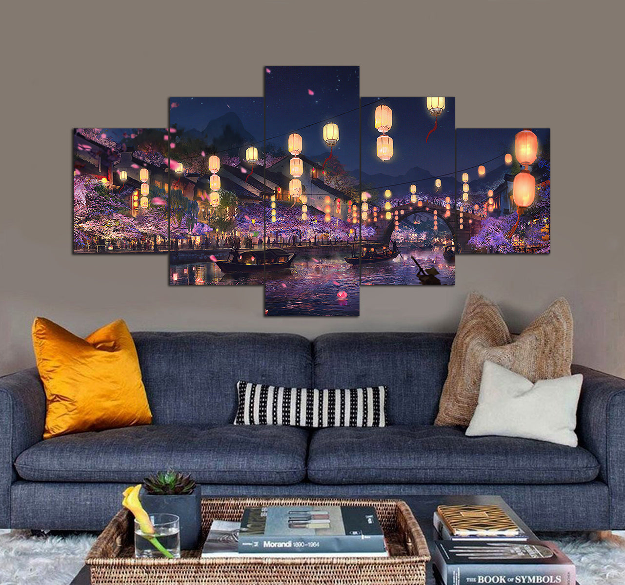 Night Festival Lantern River Scenery Art 3D 5 piece canvas art