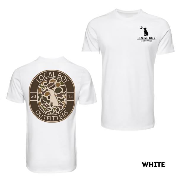 Local Boy Outfitters Mens T-Shirt 2 Side, Camouflage Badge with Dog Silhouette Graphic, Durable Cotton Tee for Outdoor & Casual Wear