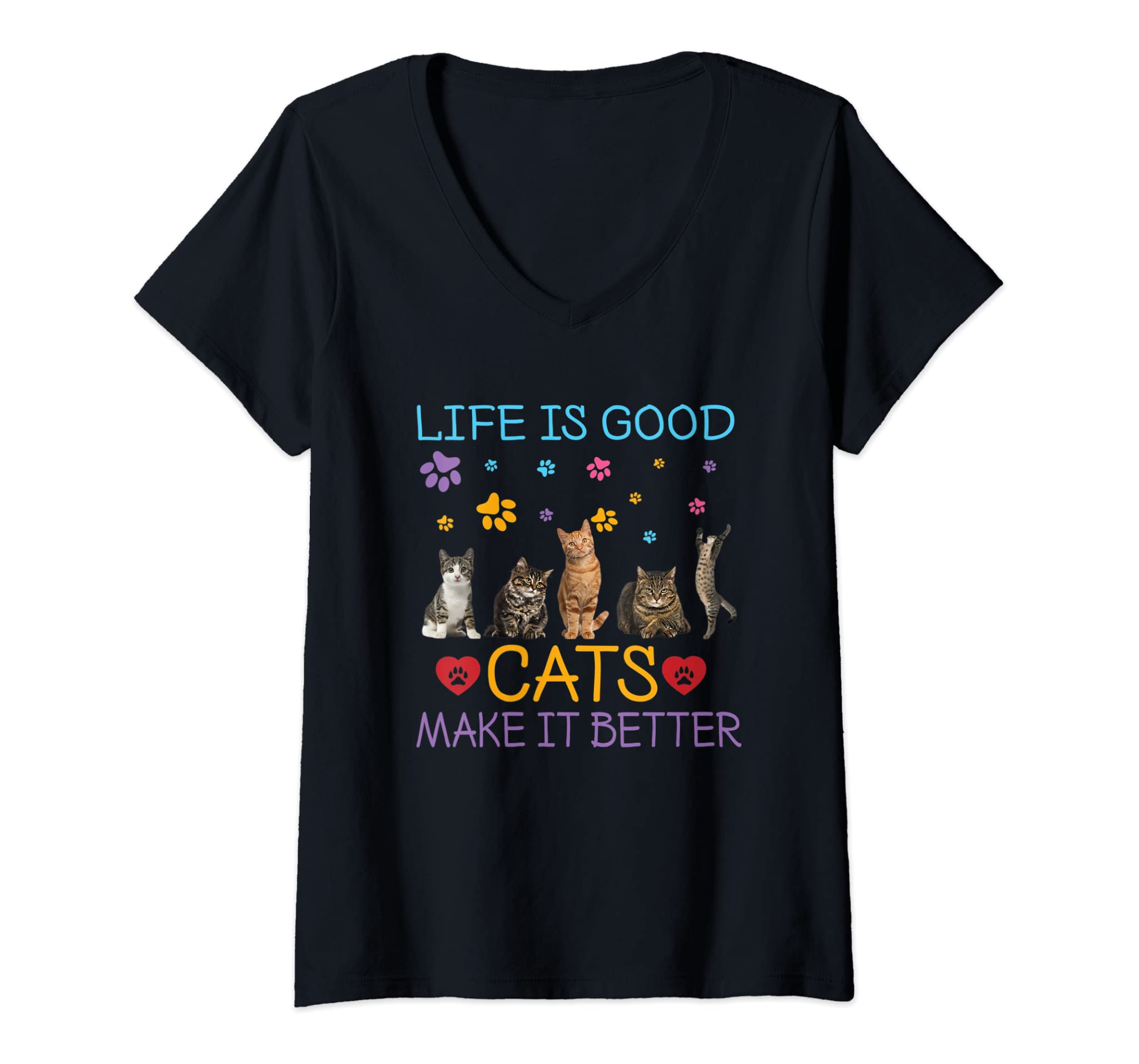 Womens Life Is Good Cats Make It Better Funny Cat Lovers Women V-Neck