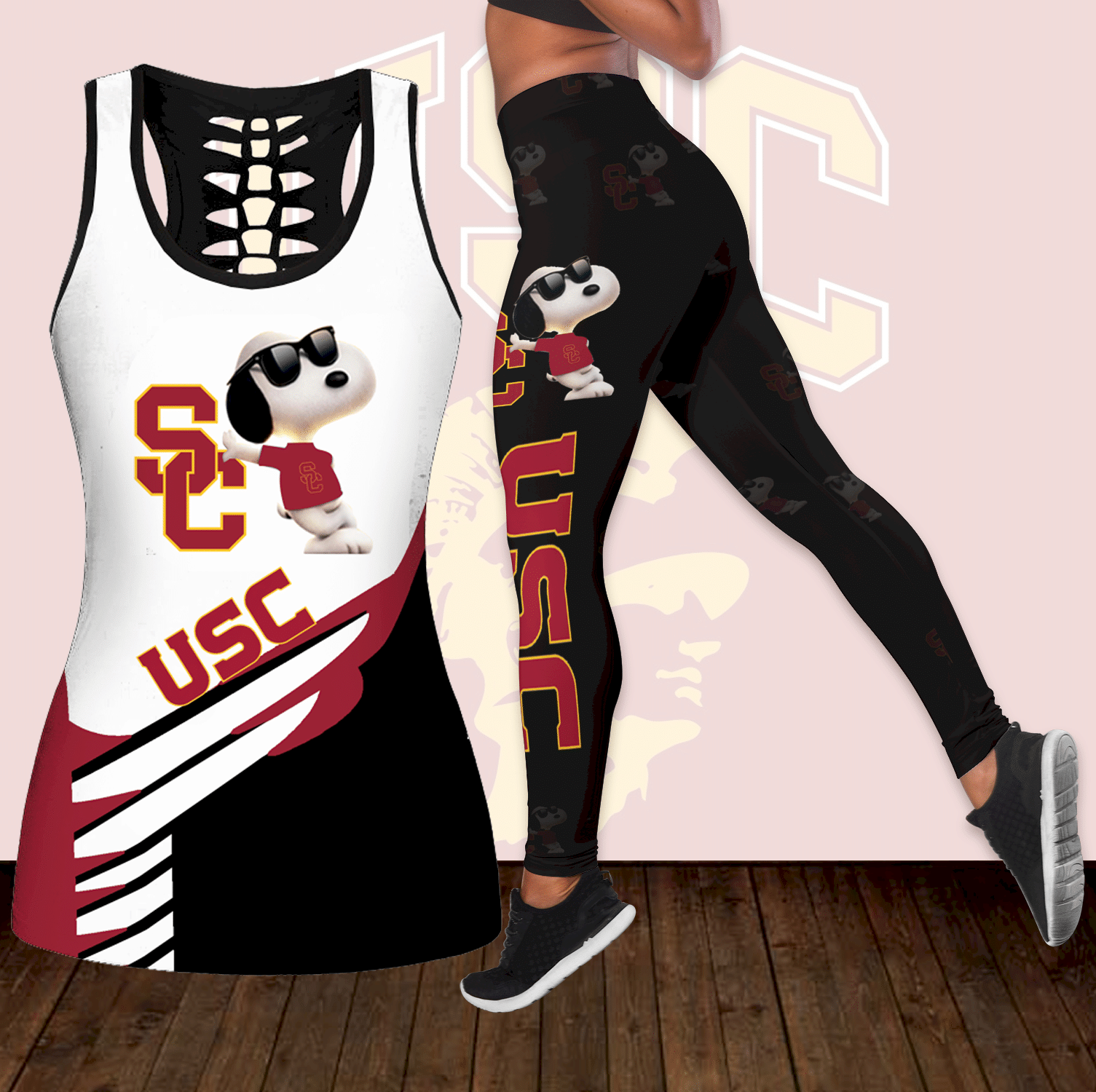 Combo Usc Trojans Snoopy Hollow Tanktop Leggings Set Outfit T-Shirt