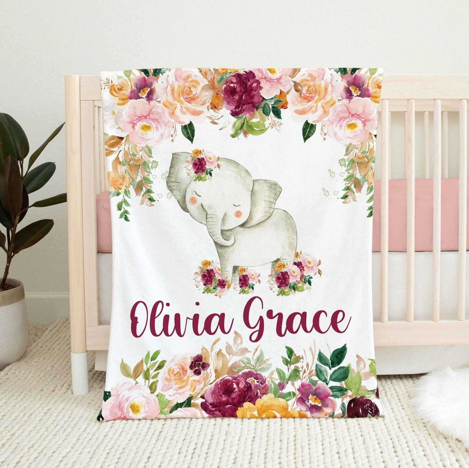 Floral Elephant Baby Blanket, Custom Girl Name Blanket, Personalized Girl Elephant Baby Name Blanket, Newborn Girl Gift, Elephant Blanket