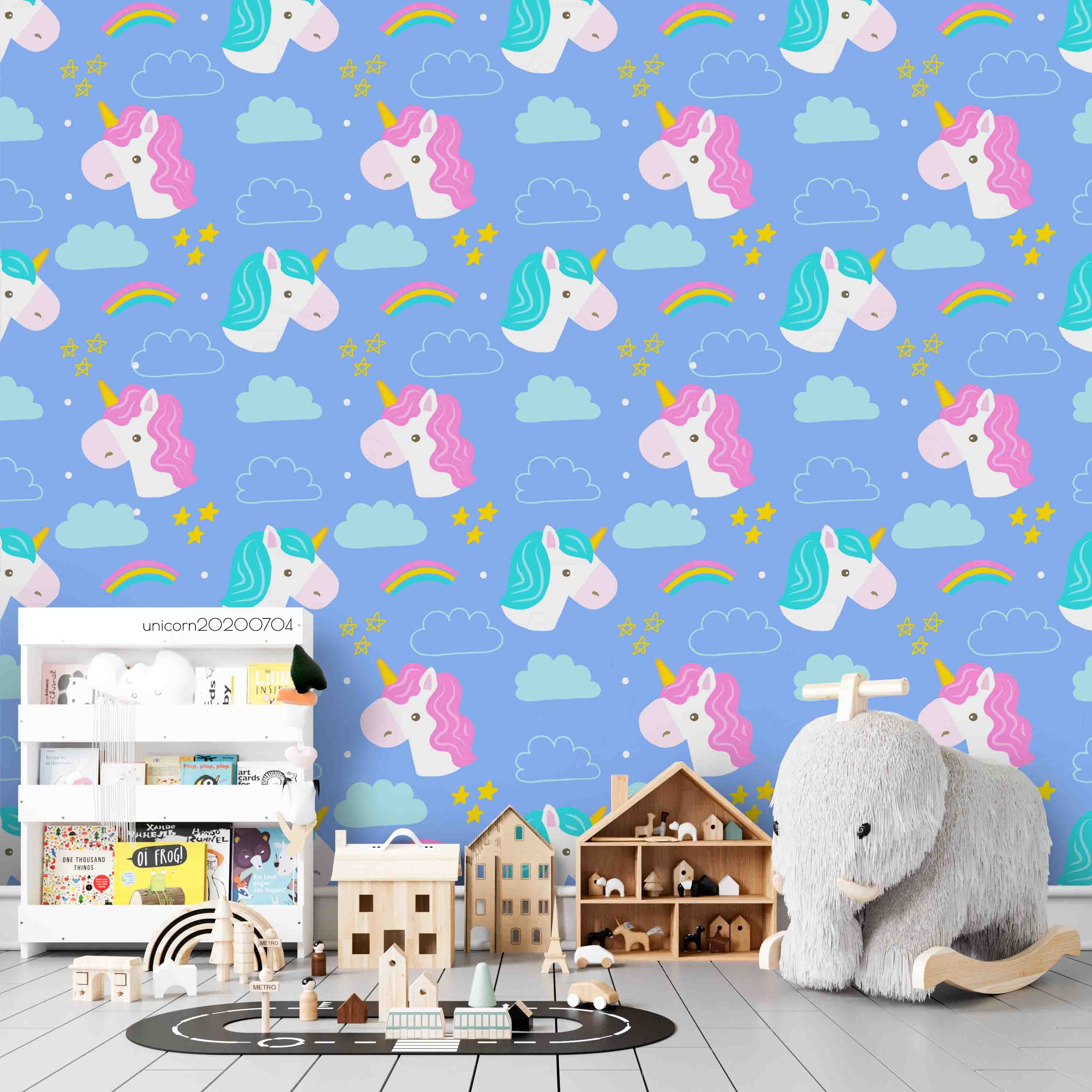 3D Cartoon Cloud Rainbow Unicorn Blue Wall Mural Wallpaper Lxl 243