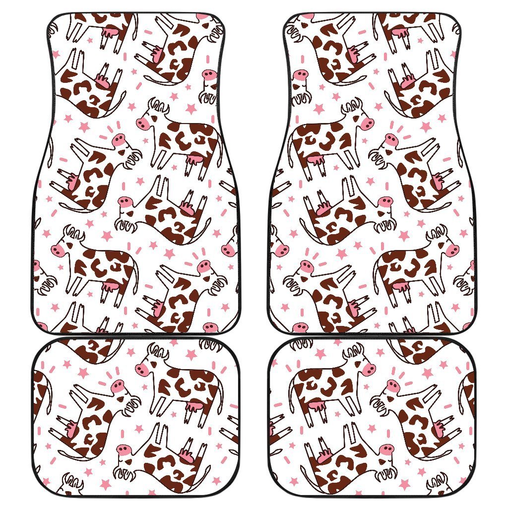 Cartoon Happy Dairy Cow Pattern Print Front And Back Car Floor Mats, Front Car Mat