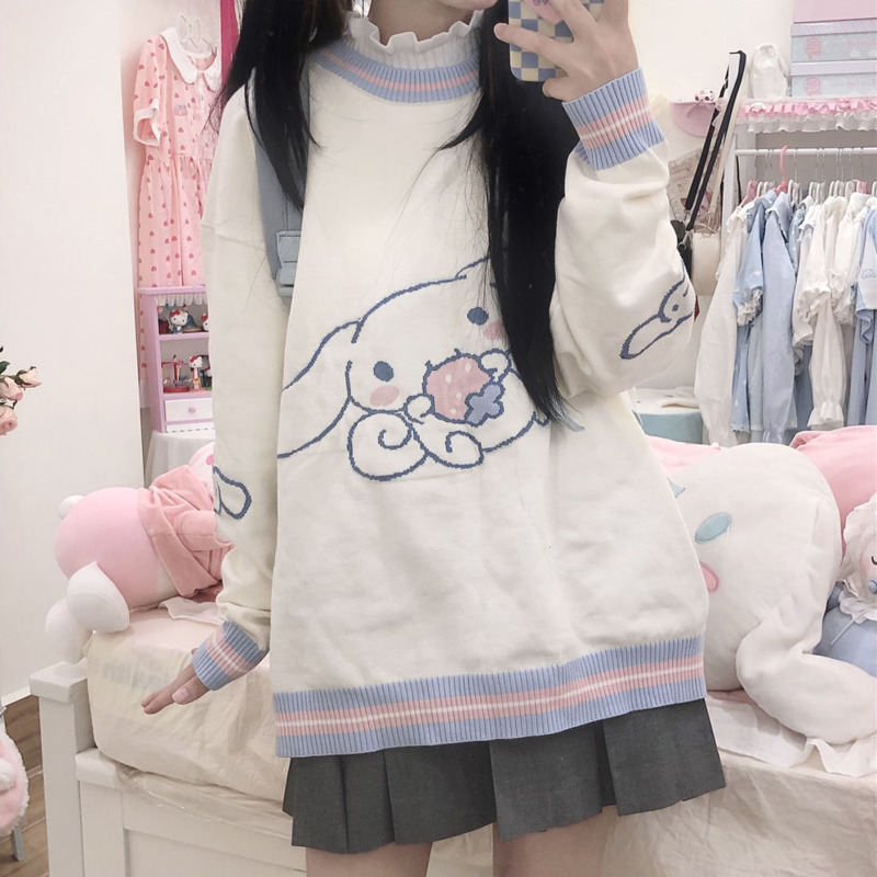 Autumn Winter Y2k Sanrio Cinnamoroll Sweater Japanese Cartoon Anime College Style Lovely Long Sleeve Pullover Knitted Top Casual alx