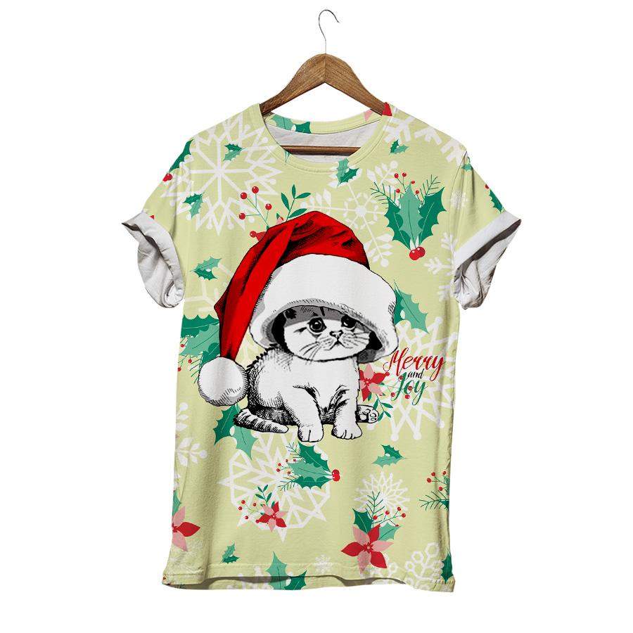 Cute Kitten In A Red Big Santa’s Cap Merry And Joy Christmas Cat T-shirt