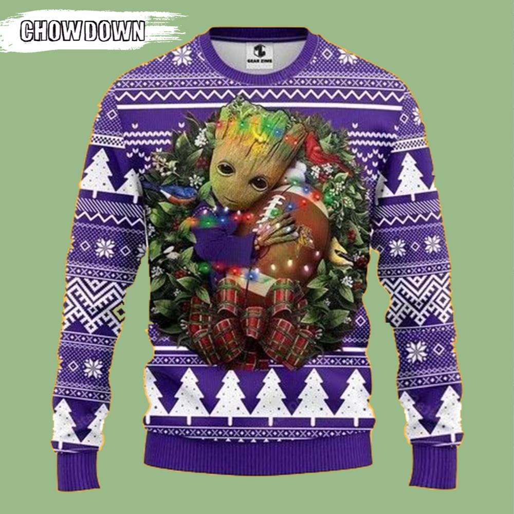 Groot Hug Minnesota Vikings Gift For Fan Ugly Wool Sweater Christmas