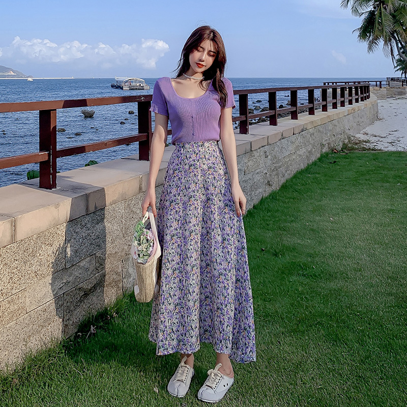 2021 Summer Elegant Two Piece Set Women Square Collar Purple Knit Sweater Tops + Long Floral Chifffon A Line Skirts Office Suits alx