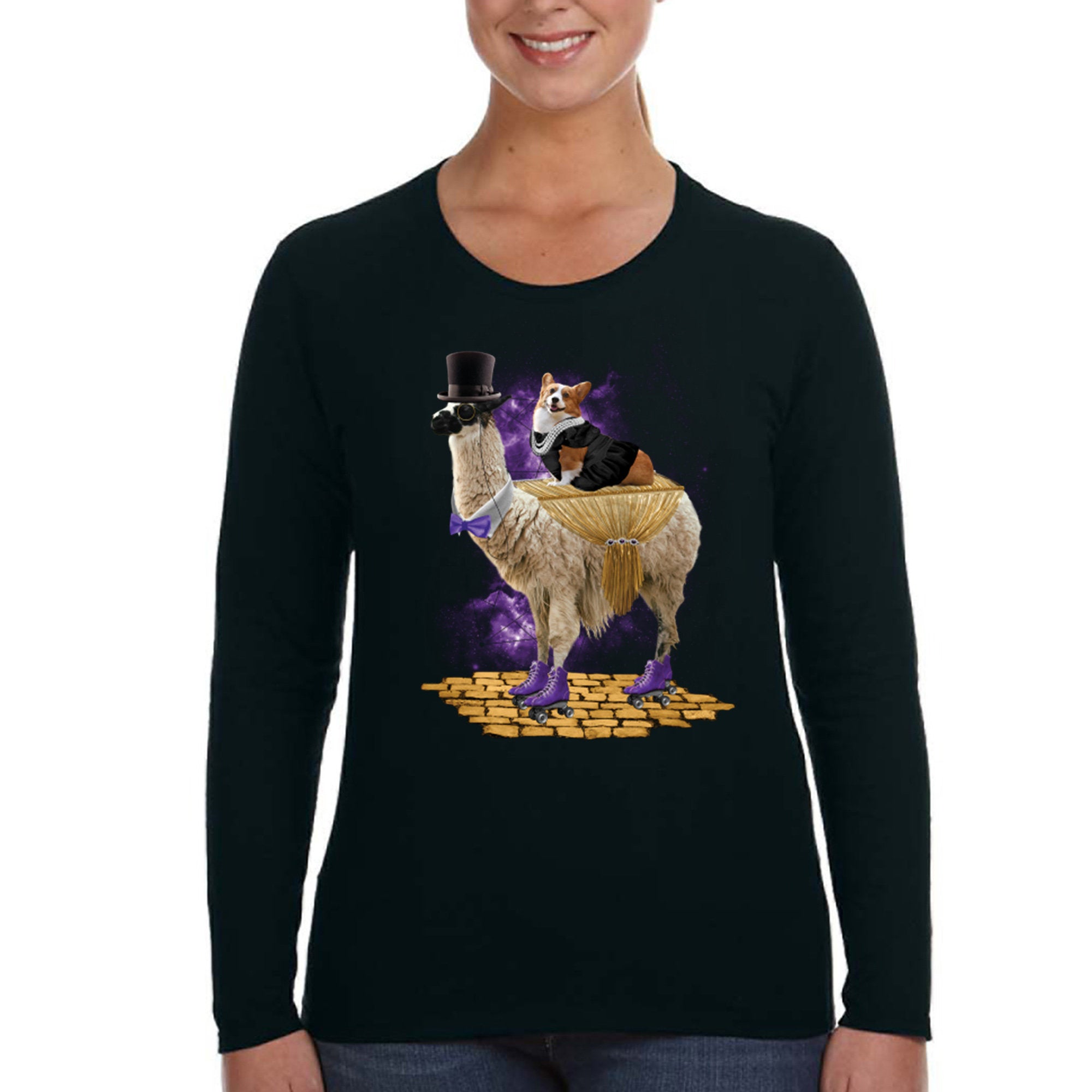 Xtrafly Apparel Women’S Corgi Express Llama Alpaca Dog Pet Puppy Space Galaxy Alien Rollerblades Wild Animal Zoo Alien Long Sleeve T-Shirt