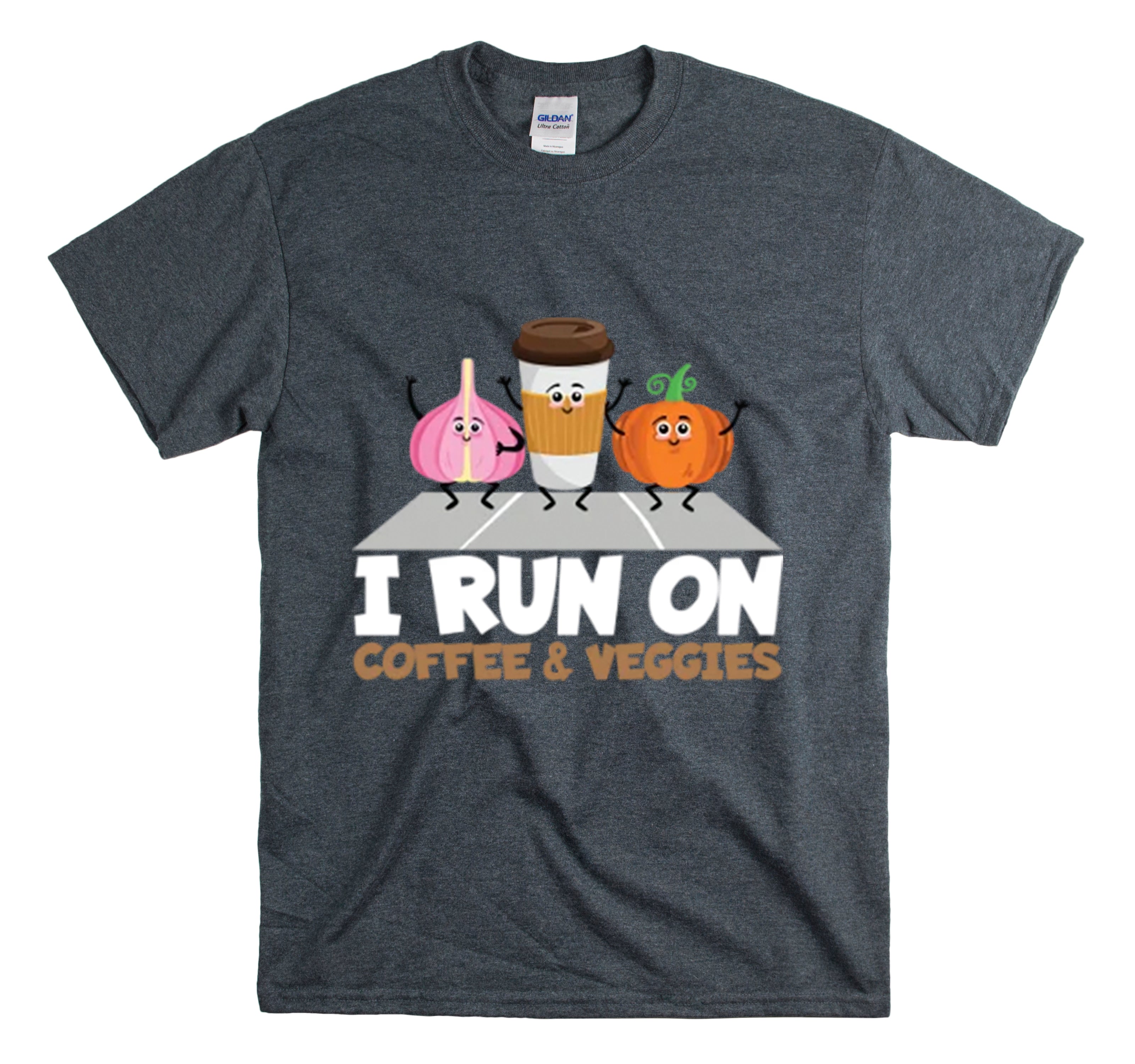 Shirt Funny Run On Coffee And Veggies Energy Caffeinated Organic Gourmet Vegetarian T-Shirt Unisex Heavy Cotton Tee