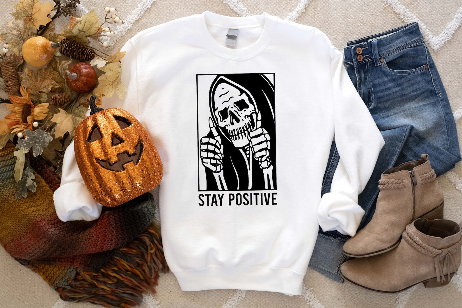 Stay Positive Skull Sweatshirt, Halloween Sweatshirt, Scream Sweatshirt 2D Crewneck Sweatshirt All Over Print Sweatshirt For Women Sweatshirt For Men