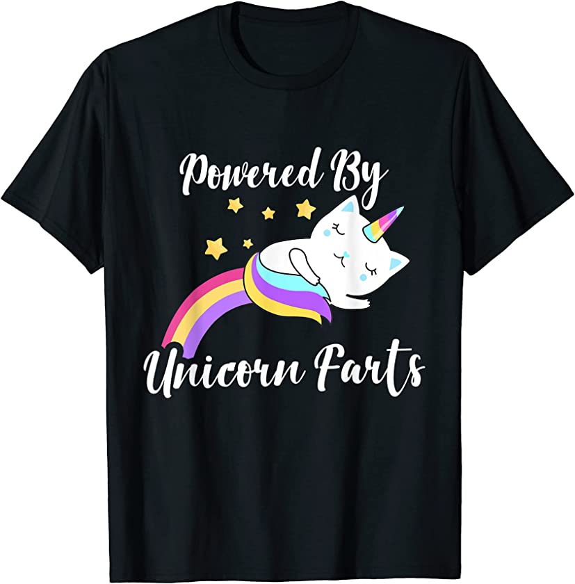 Powered By Unicorn Fart Funny Unicorn Cat Kitten Rainbow Kid T-Shirt