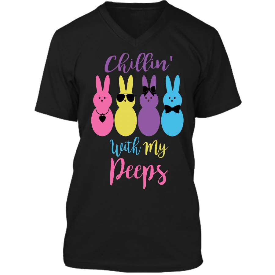 Chillin With My Peeps Easter Bunny Funny T-Shirt for Kids Mens Printed V-Neck T