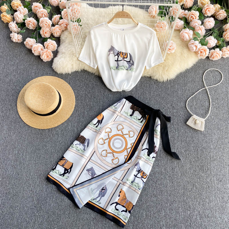 SINGREINY Women 2021 Summer Design Korean Horse Print Set Short Sleeve O Neck White T-shirt+High Waist Midi Skirt Two Piece Suit alx