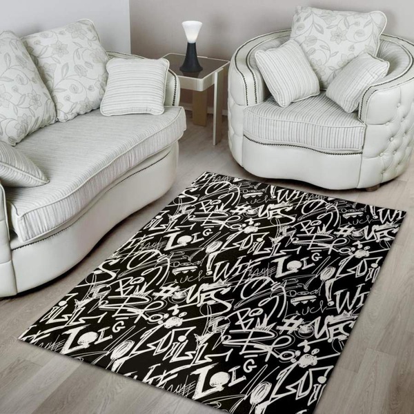 Black And White Graffiti Doodle Text Print Area Rug