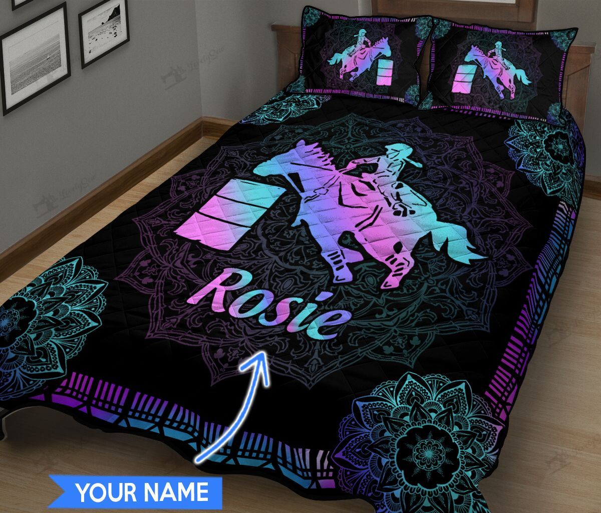 Young Girl Barrel Racing Purple Mandala Pattern Personalized Quit Bed Set & Quilt Blanket DVE20111205-DVQ20111205