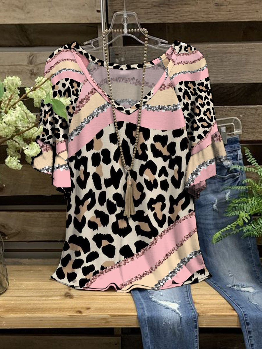 Women Leopard Print V-Neck Tops